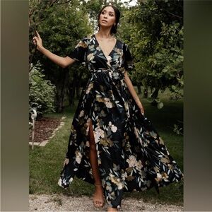 Sicily satin maxi dress black floral